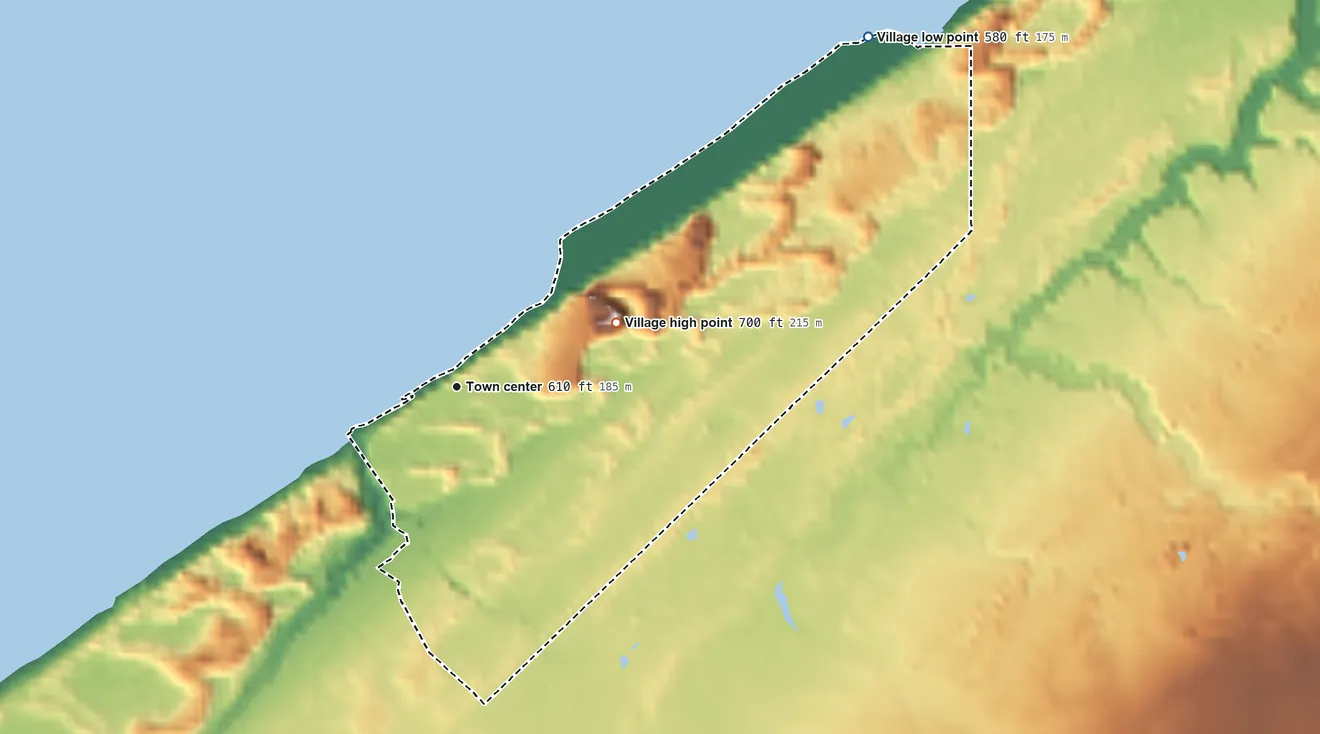 Topographic elevation map of Grand Beach, Michigan, shaded from 580 ft on the northeast side to 700 ft on the east side