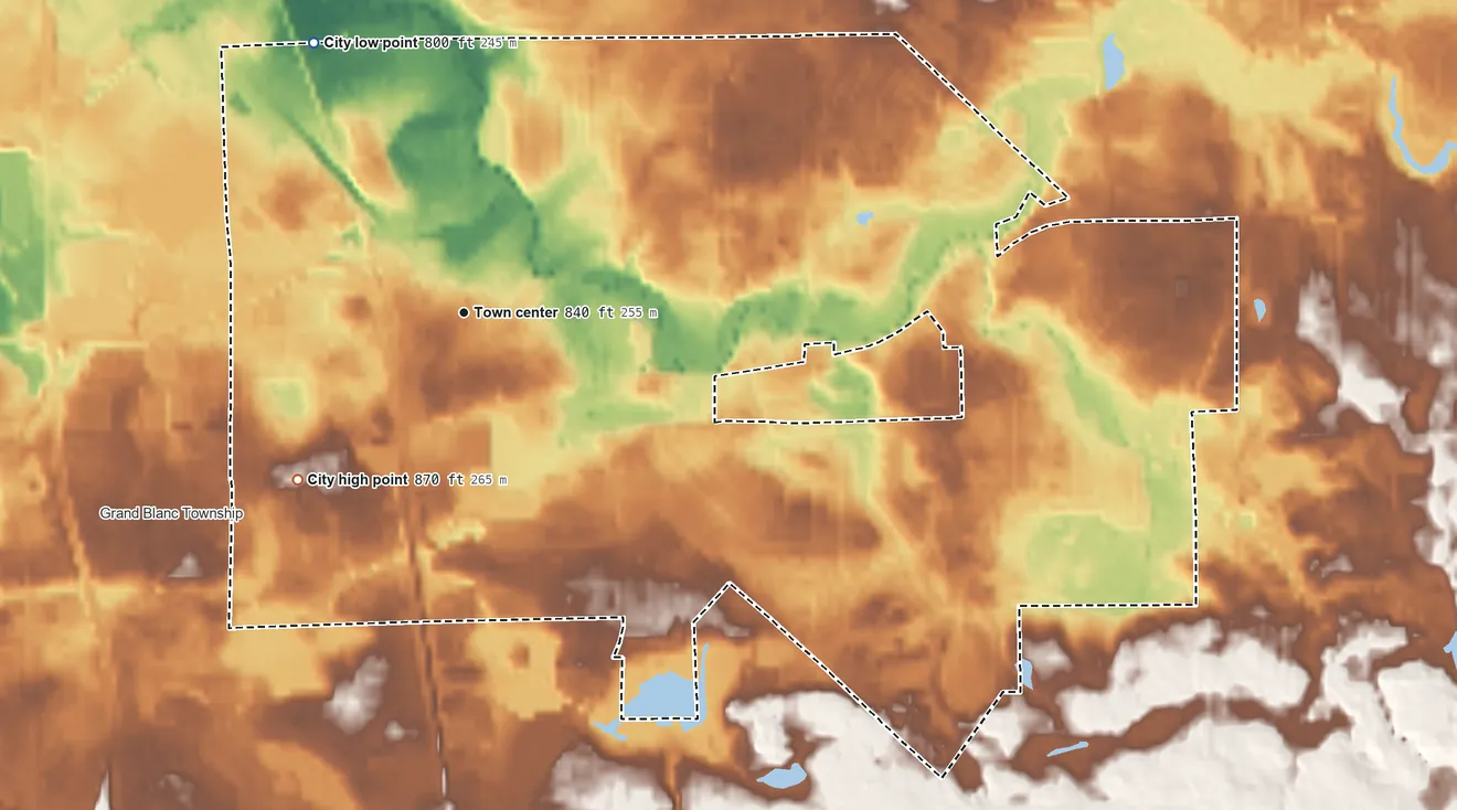 Topographic elevation map of Grand Blanc, Michigan, shaded from 800 ft on the northwest side to 870 ft on the southwest side