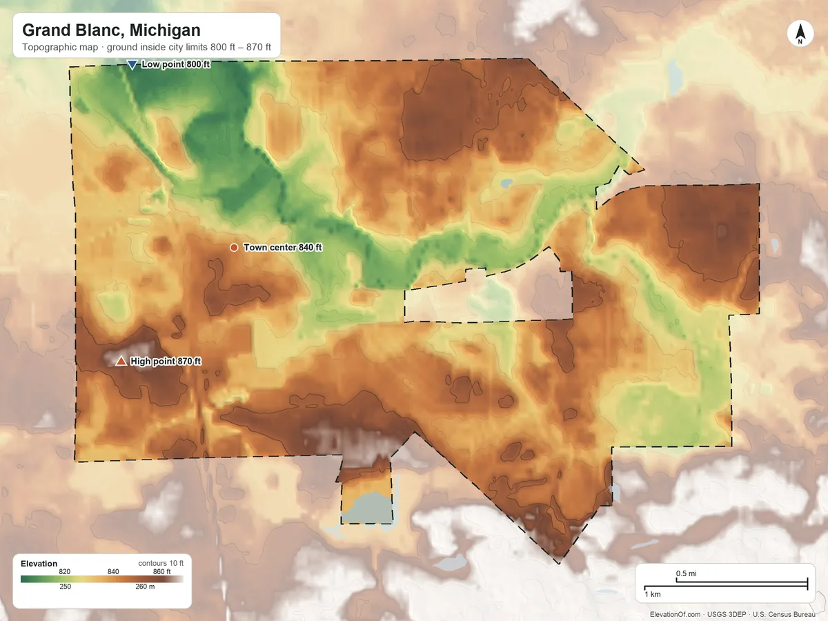 Topographic elevation map of Grand Blanc, Michigan, shaded from 800 ft on the northwest side to 870 ft on the southwest side