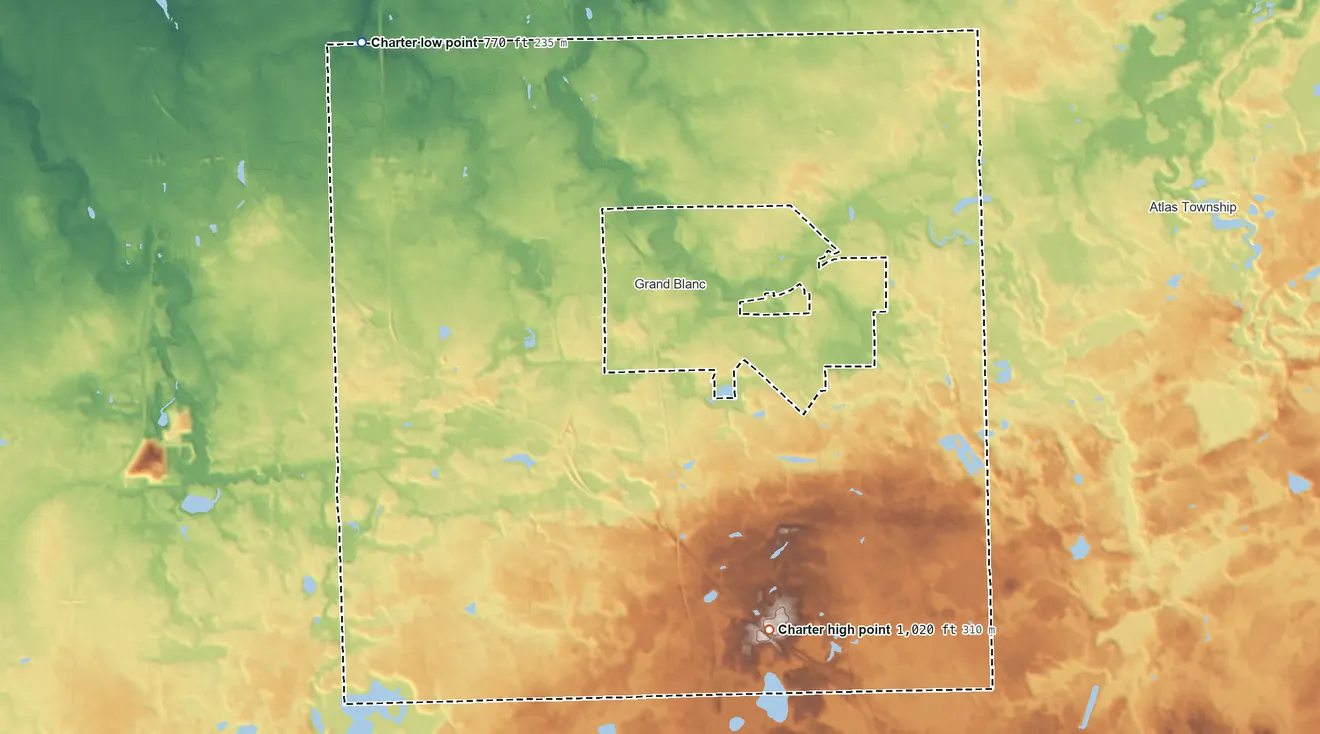 Topographic elevation map of Grand Blanc Township, Michigan, shaded from 770 ft on the northwest side to 1,020 ft on the southeast side