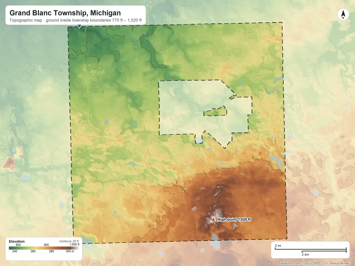 Topographic elevation map of Grand Blanc Township, Michigan, shaded from 770 ft on the northwest side to 1,020 ft on the southeast side