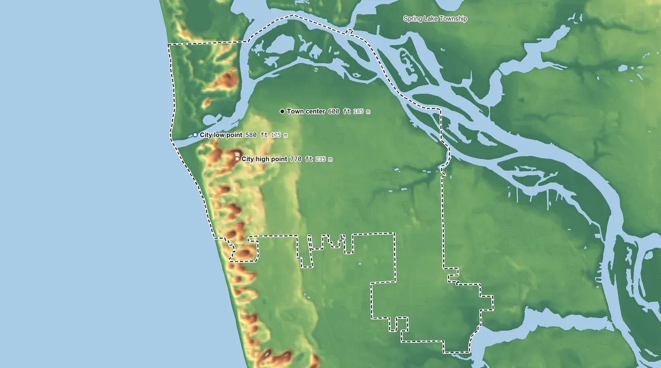 Topographic elevation map of Grand Haven, Michigan, shaded from 580 ft on the west side to 770 ft on the southwest side