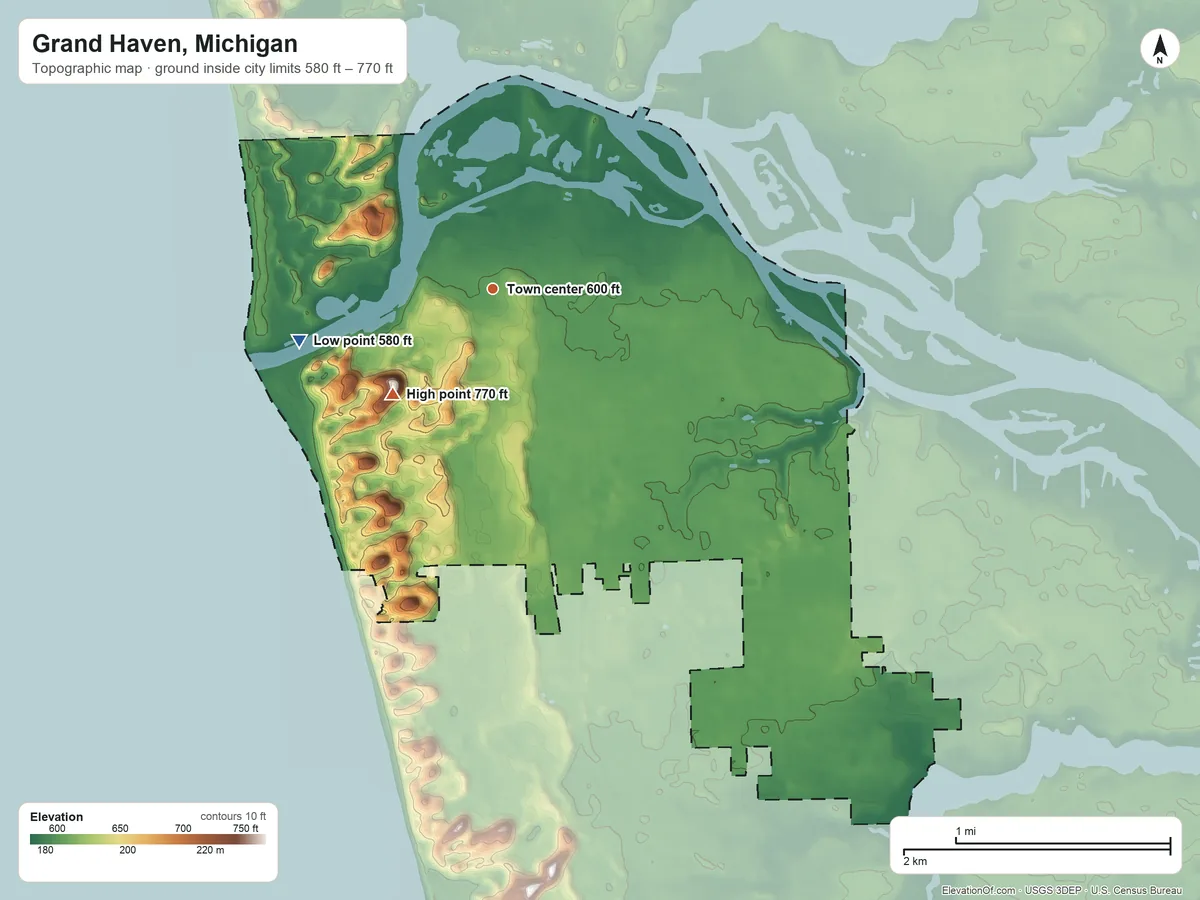 Topographic elevation map of Grand Haven, Michigan, shaded from 580 ft on the west side to 770 ft on the southwest side
