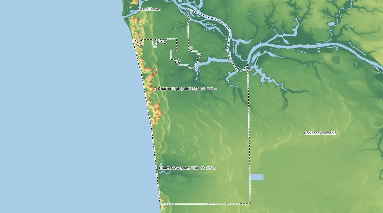 Topographic elevation map of Grand Haven Township, Michigan, shaded from 580 ft on the southwest side to 810 ft on the west side