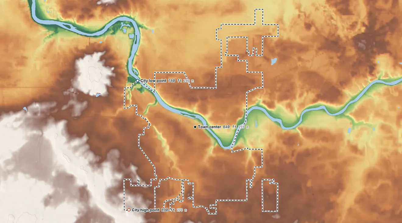 Topographic elevation map of Grand Ledge, Michigan, shaded from 780 ft on the northwest side to 890 ft on the southwest side