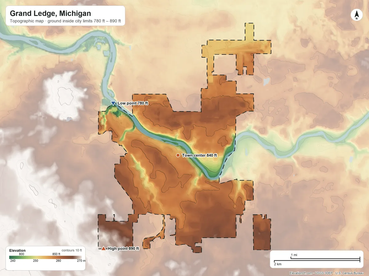 Topographic elevation map of Grand Ledge, Michigan, shaded from 780 ft on the northwest side to 890 ft on the southwest side