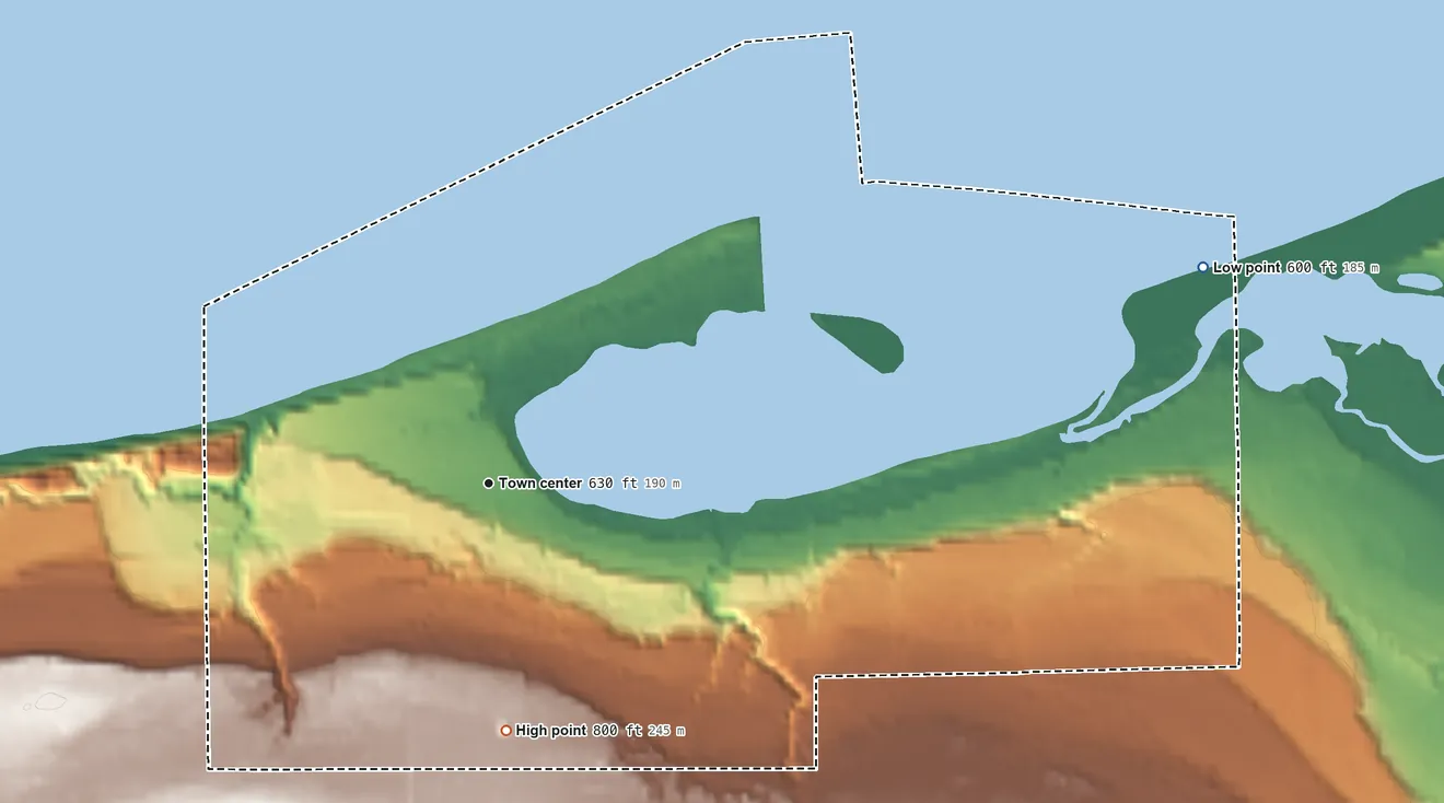 Topographic elevation map of Grand Marais, Michigan, shaded from 600 ft on the east side to 800 ft on the south side