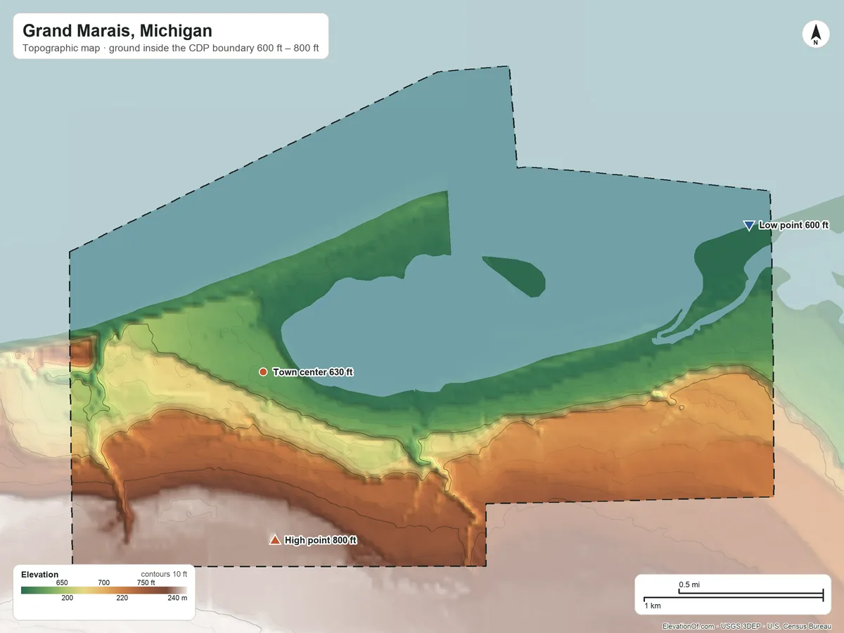 Topographic elevation map of Grand Marais, Michigan, shaded from 600 ft on the east side to 800 ft on the south side