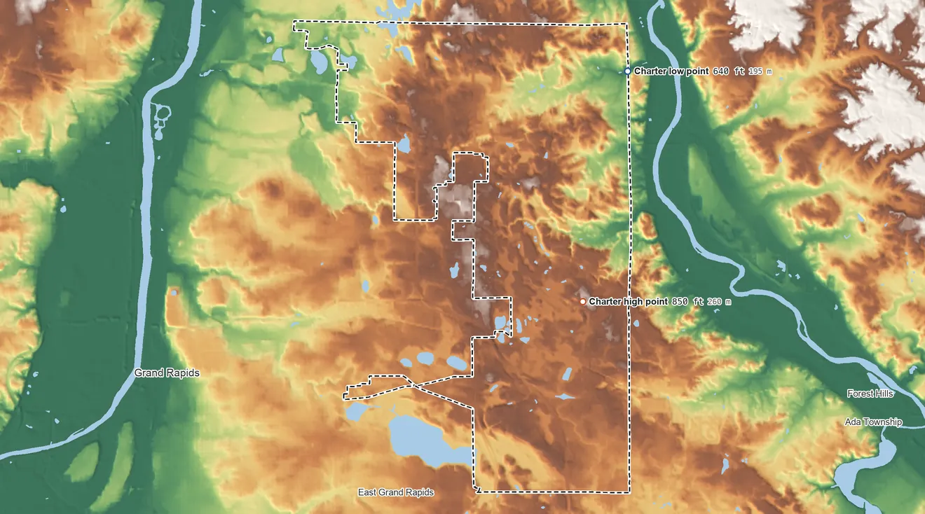 Topographic elevation map of Grand Rapids Township, Michigan, shaded from 640 ft on the northeast side to 850 ft on the southeast side