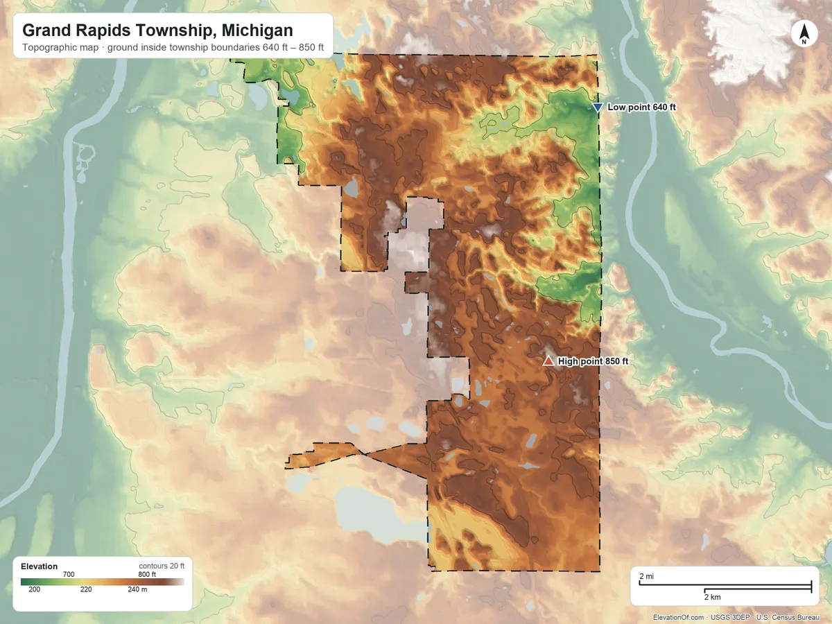Topographic elevation map of Grand Rapids Township, Michigan, shaded from 640 ft on the northeast side to 850 ft on the southeast side