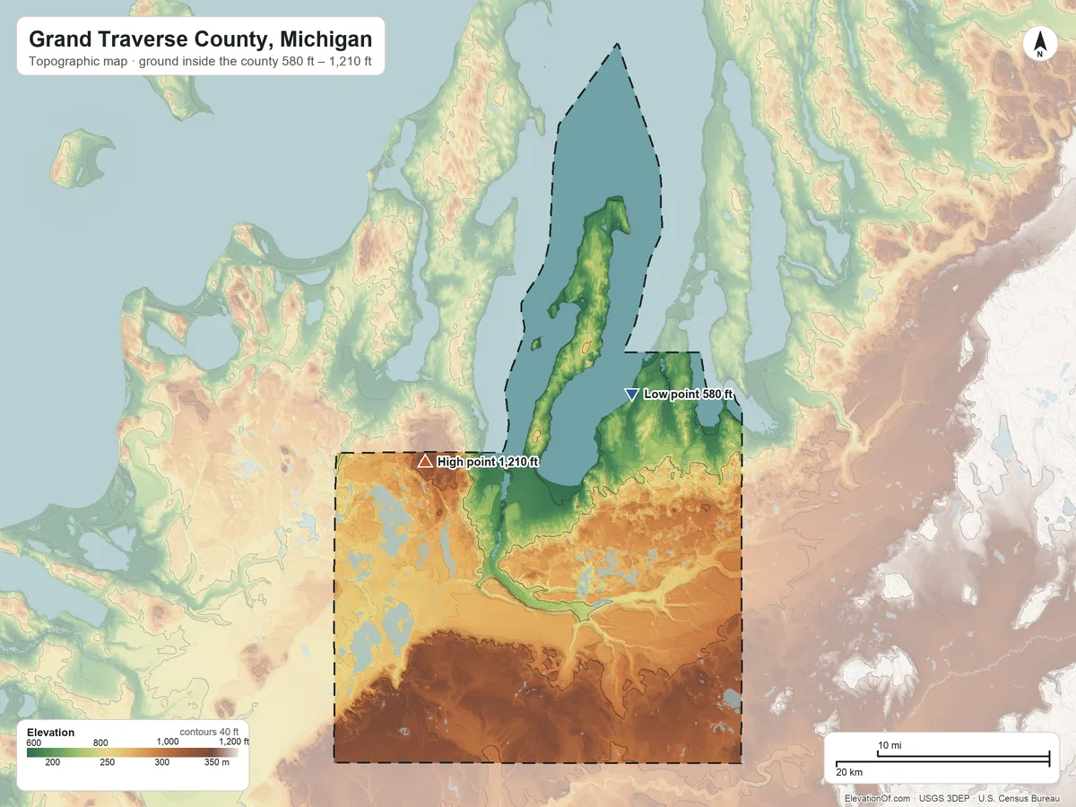 Topographic elevation map of Grand Traverse County, Michigan, shaded from 580 ft on the east side to 1,210 ft on the southwest side