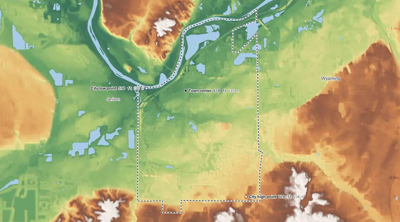 Topographic elevation map of Grandville, Michigan, shaded from 590 ft on the west side to 720 ft on the southeast side