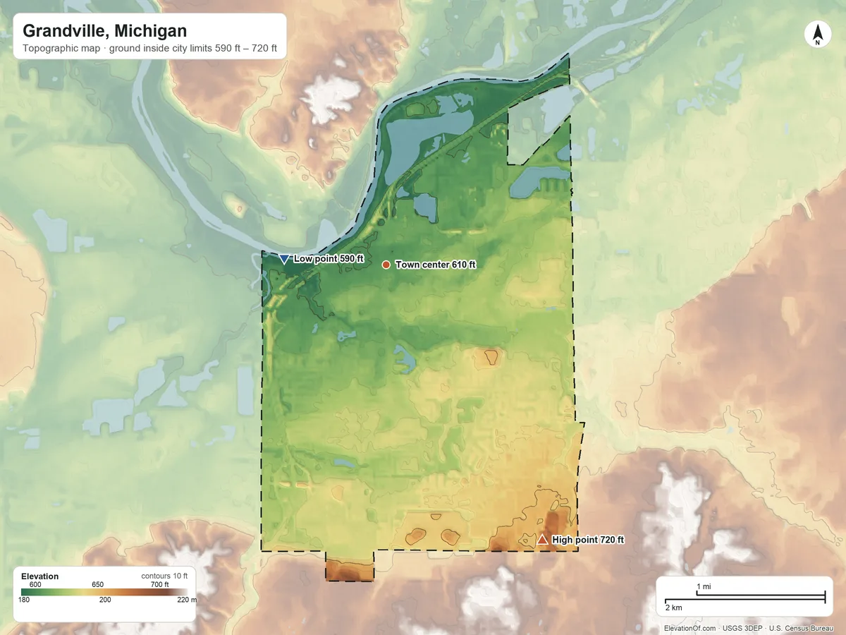 Topographic elevation map of Grandville, Michigan, shaded from 590 ft on the west side to 720 ft on the southeast side