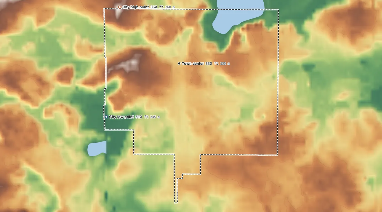 Topographic elevation map of Grant, Michigan, shaded from 810 ft on the southwest side to 860 ft on the northwest side