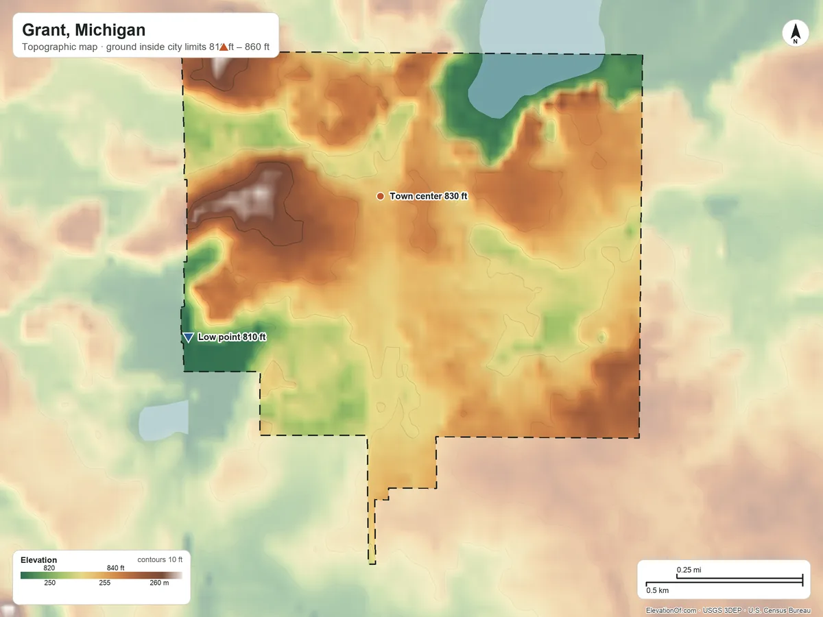 Topographic elevation map of Grant, Michigan, shaded from 810 ft on the southwest side to 860 ft on the northwest side