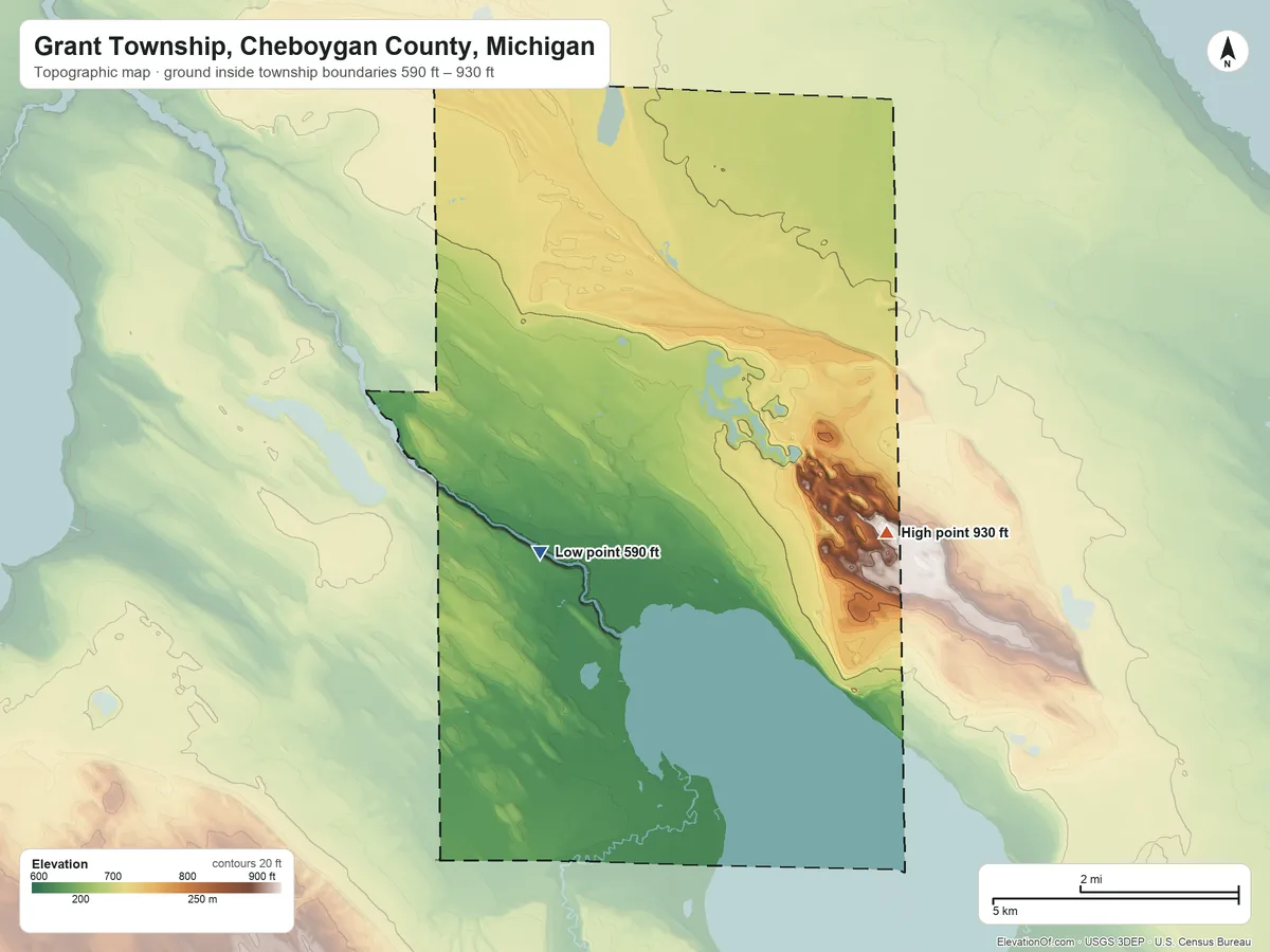 Topographic elevation map of Grant Township, Cheboygan County, Michigan, shaded from 590 ft near the middle to 930 ft on the east side