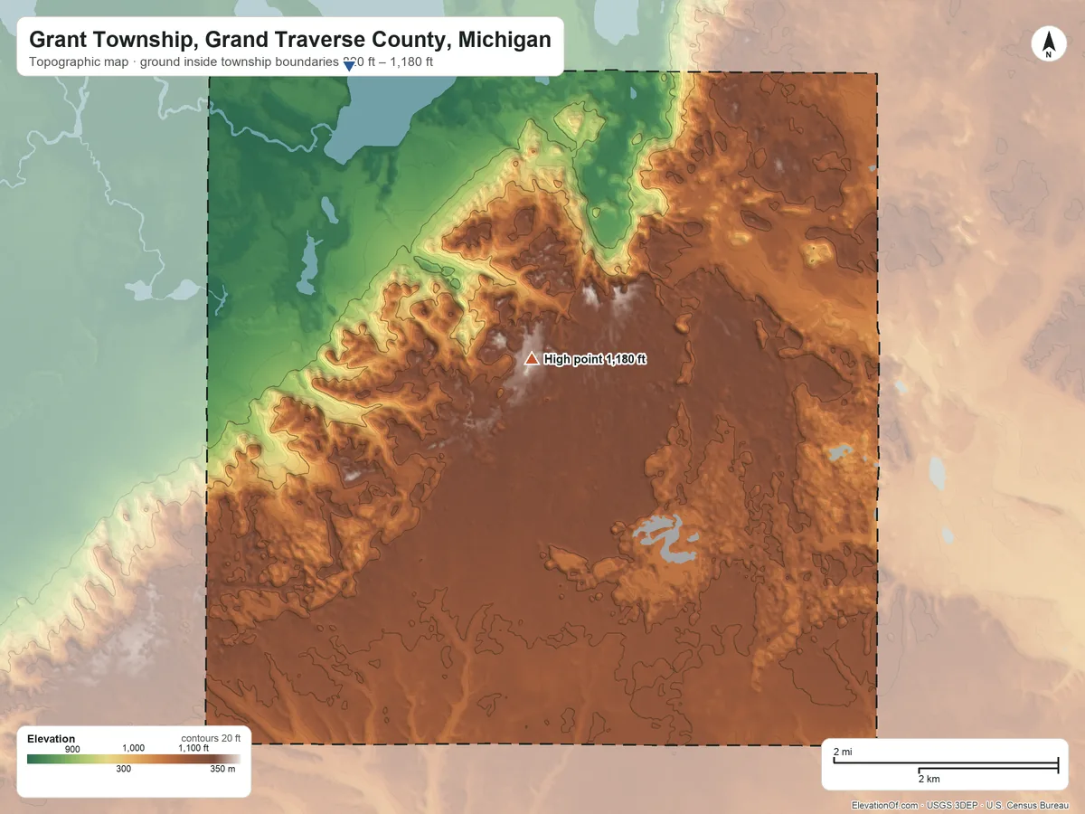 Topographic elevation map of Grant Township, Grand Traverse County, Michigan, shaded from 820 ft on the northwest side to 1,180 ft near the middle