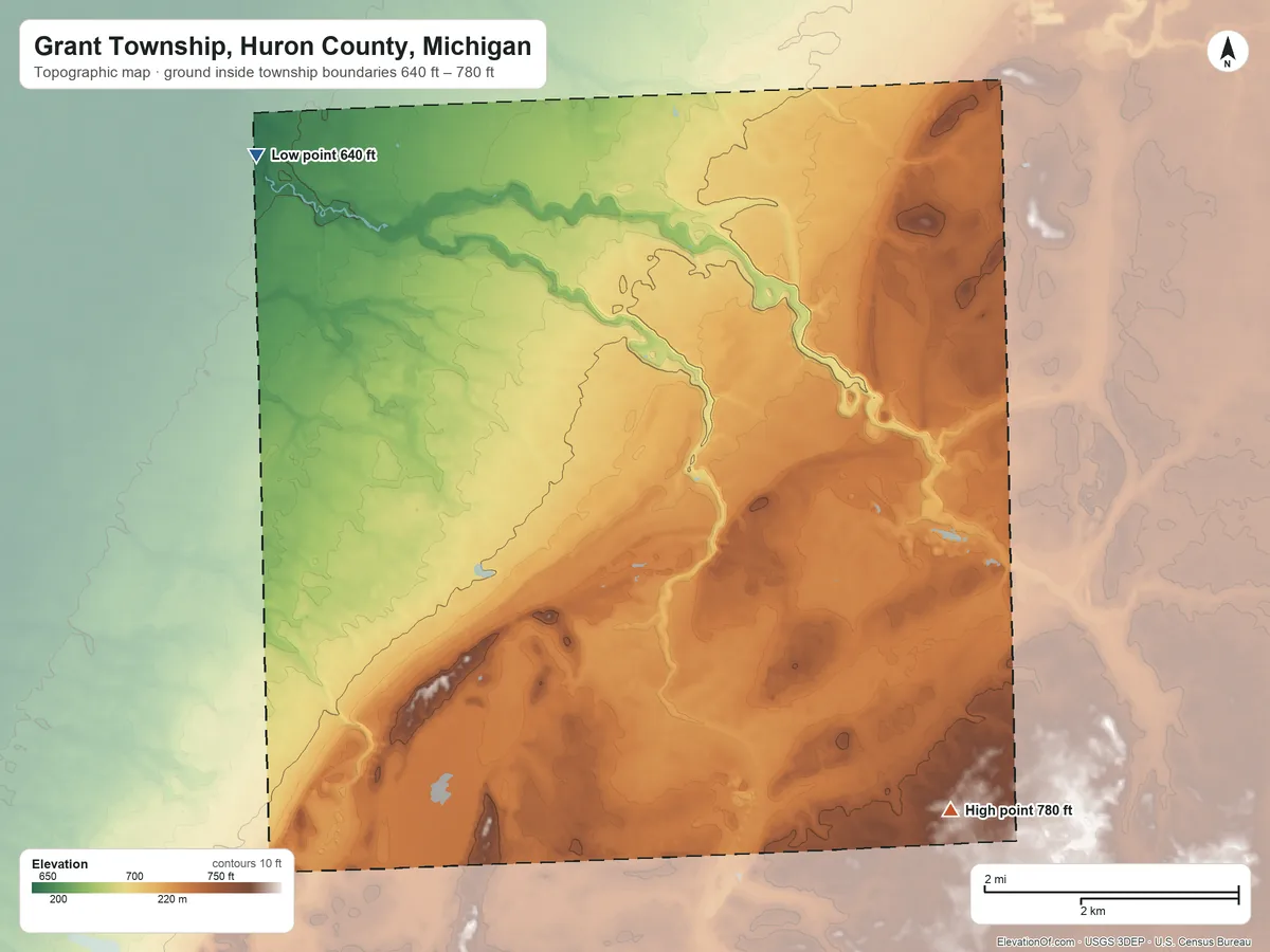 Topographic elevation map of Grant Township, Huron County, Michigan, shaded from 640 ft on the northwest side to 780 ft on the southeast side
