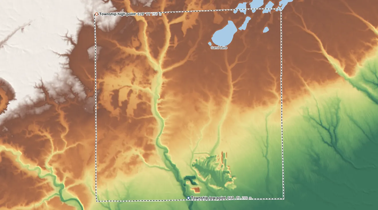 Topographic elevation map of Grant Township, Iosco County, Michigan, shaded from 660 ft on the south side to 820 ft on the northwest side