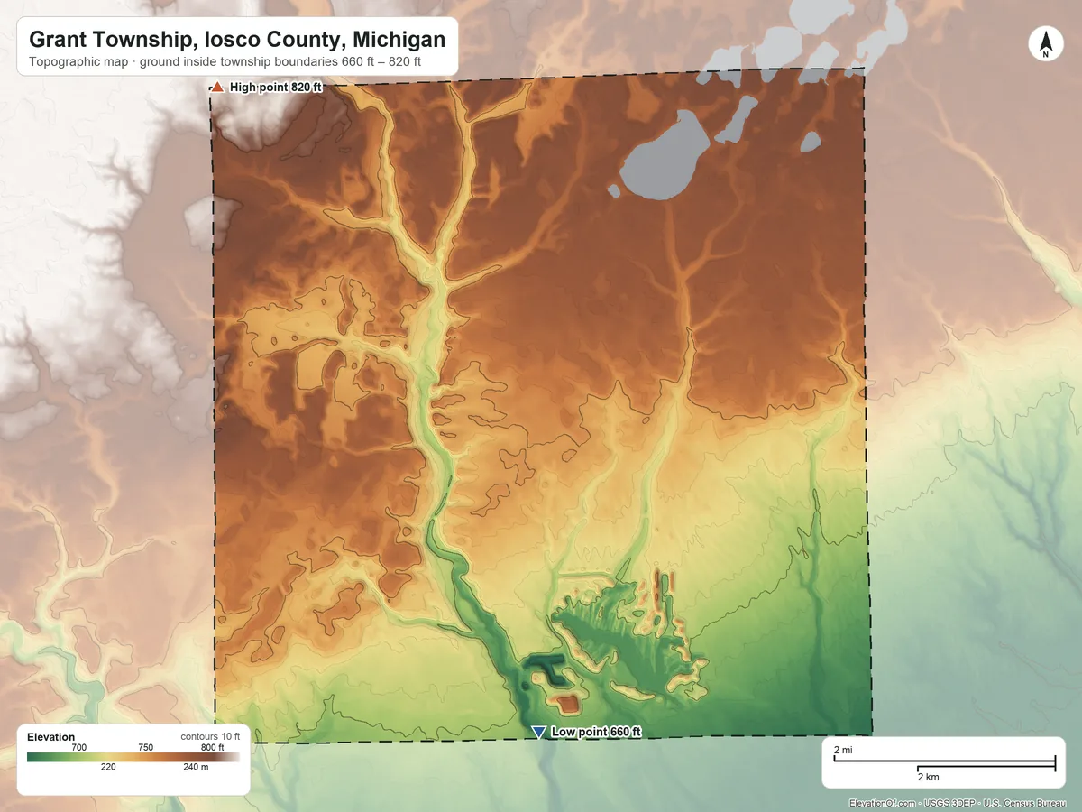 Topographic elevation map of Grant Township, Iosco County, Michigan, shaded from 660 ft on the south side to 820 ft on the northwest side