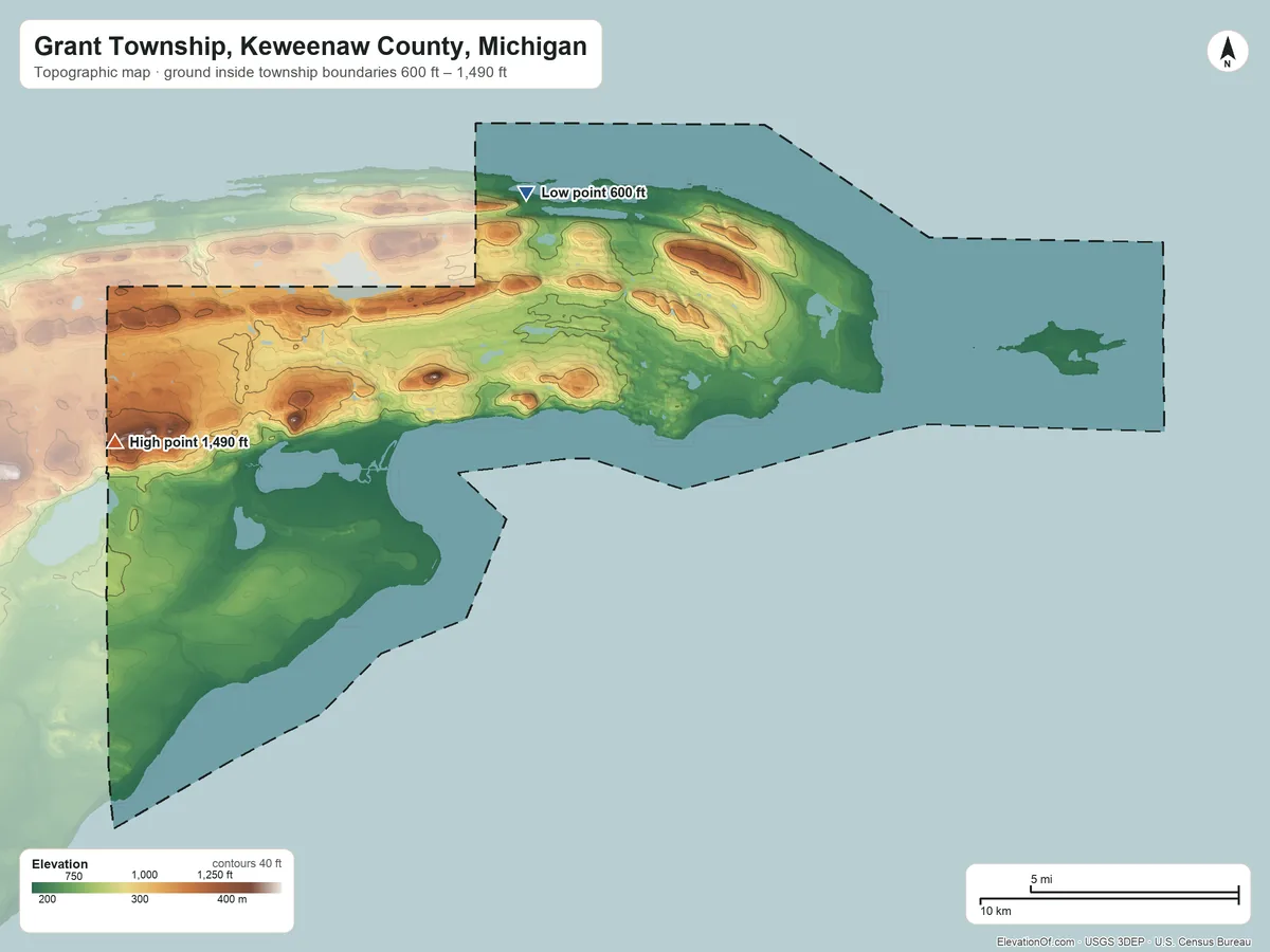 Topographic elevation map of Grant Township, Keweenaw County, Michigan, shaded from 600 ft on the northeast side to 1,490 ft on Gratiot Mountain