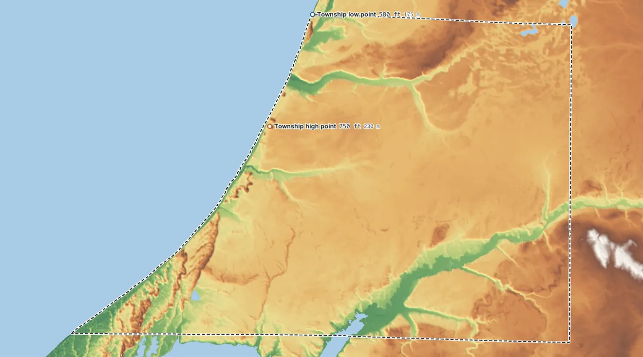 Topographic elevation map of Grant Township, Mason County, Michigan, shaded from 580 ft on the northwest side to 750 ft on the west side