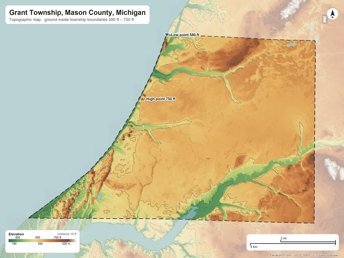 Topographic elevation map of Grant Township, Mason County, Michigan, shaded from 580 ft on the northwest side to 750 ft on the west side