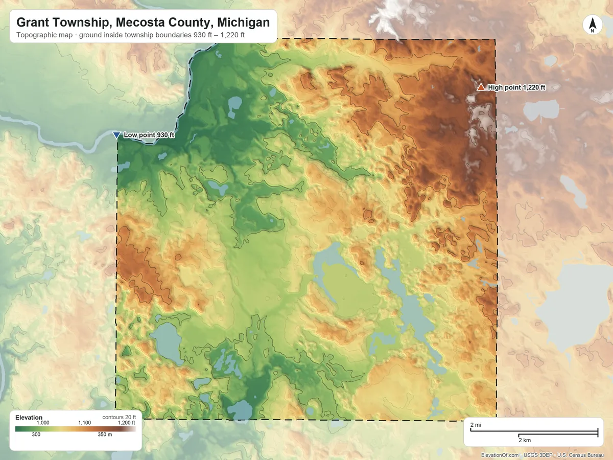 Topographic elevation map of Grant Township, Mecosta County, Michigan, shaded from 930 ft on the northwest side to 1,220 ft on the northeast side