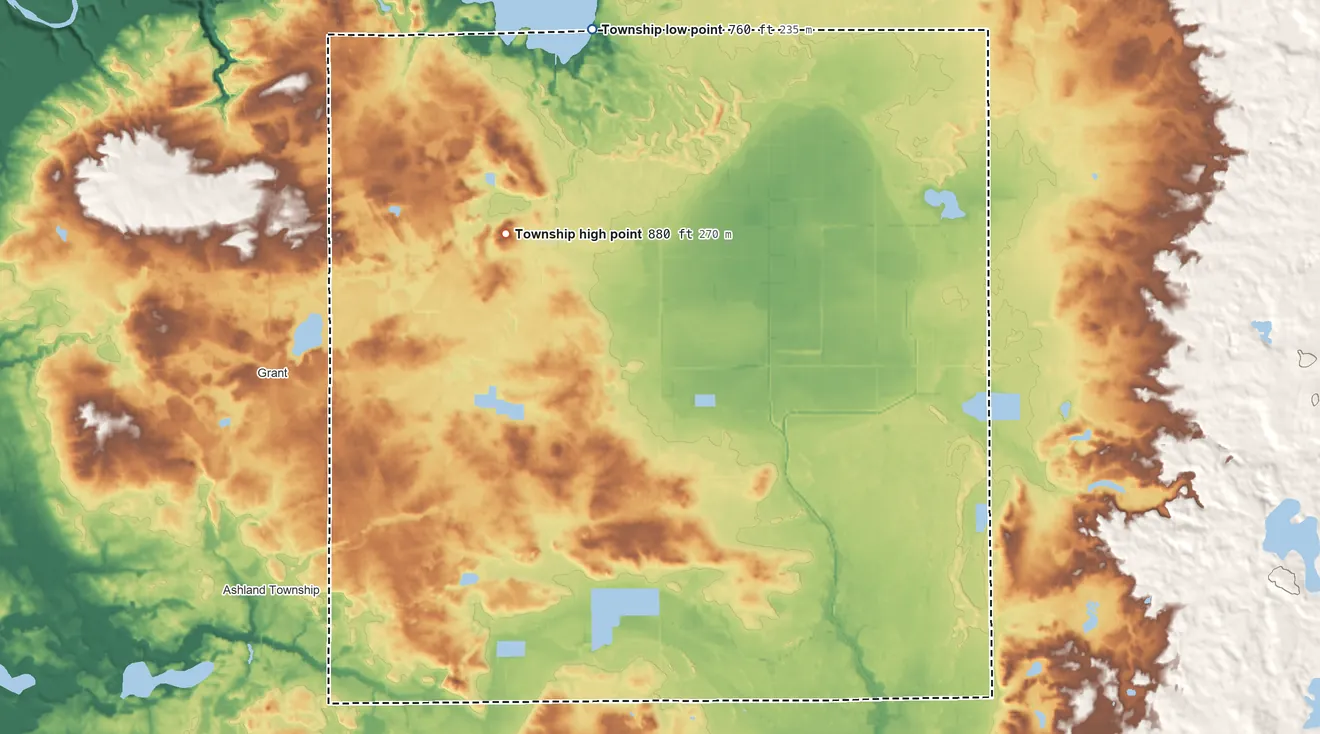 Topographic elevation map of Grant Township, Newaygo County, Michigan, shaded from 760 ft on the north side to 880 ft on the northwest side