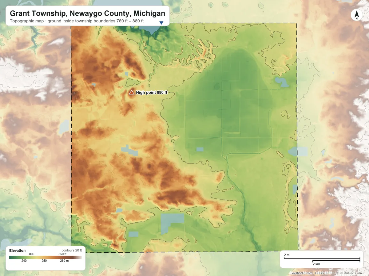 Topographic elevation map of Grant Township, Newaygo County, Michigan, shaded from 760 ft on the north side to 880 ft on the northwest side