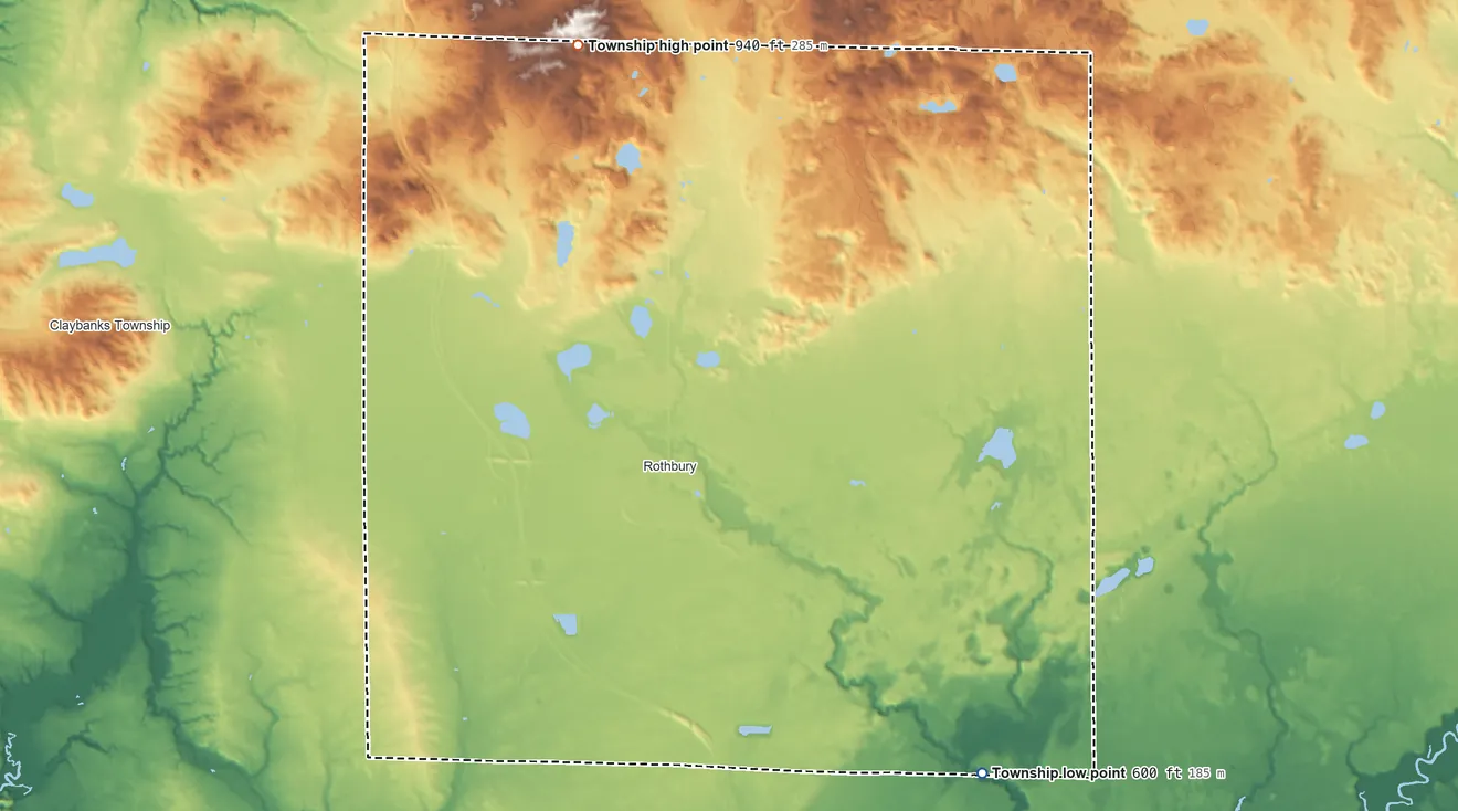 Topographic elevation map of Grant Township, Oceana County, Michigan, shaded from 600 ft on the southeast side to 940 ft on the north side