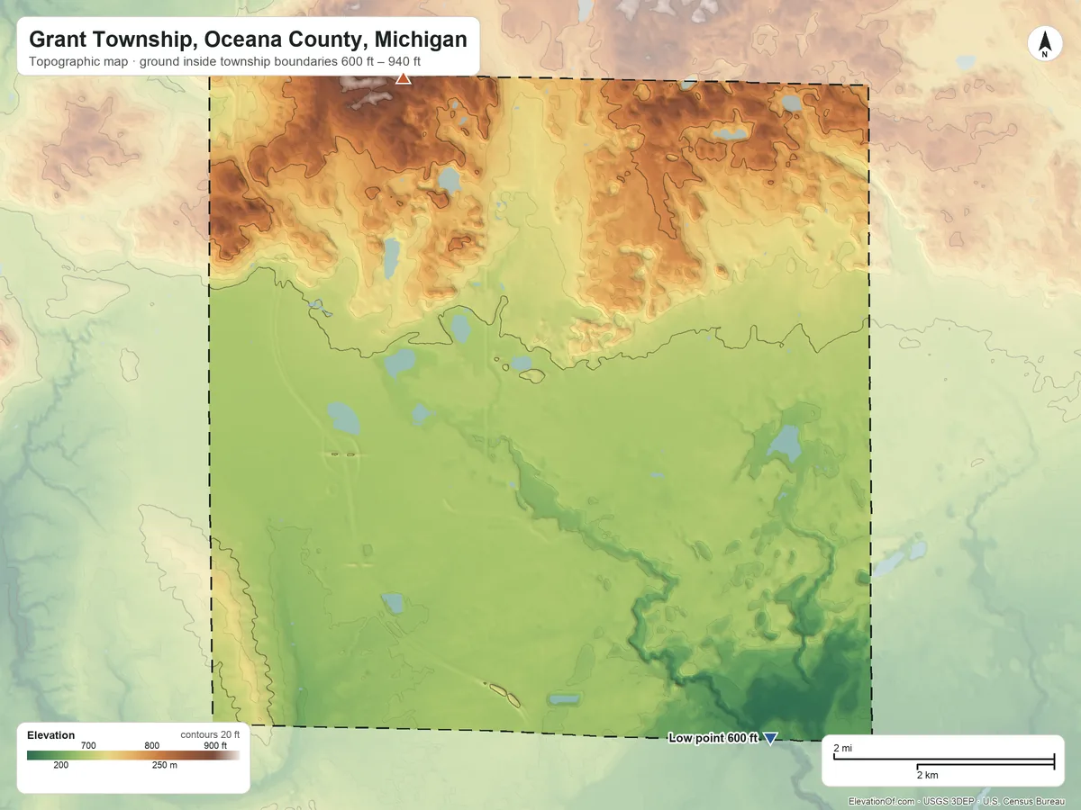 Topographic elevation map of Grant Township, Oceana County, Michigan, shaded from 600 ft on the southeast side to 940 ft on the north side