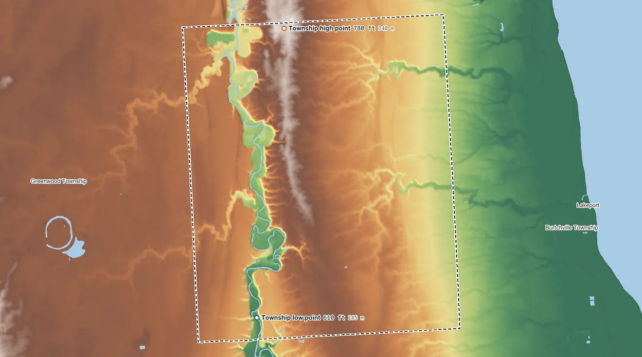 Topographic elevation map of Grant Township, St. Clair County, Michigan, shaded from 610 ft on the southwest side to 780 ft on the north side