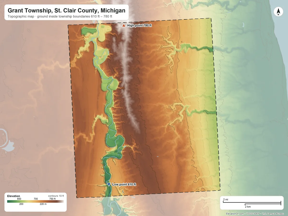 Topographic elevation map of Grant Township, St. Clair County, Michigan, shaded from 610 ft on the southwest side to 780 ft on the north side