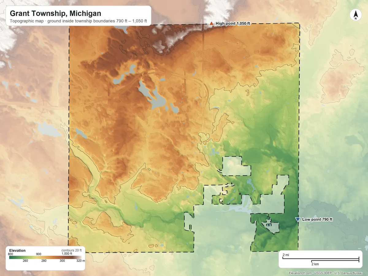 Topographic elevation map of Grant Township, Michigan, shaded from 790 ft on the southeast side to 1,050 ft on the north side