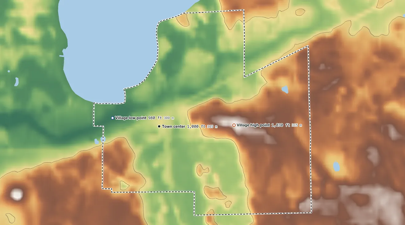 Topographic elevation map of Grass Lake, Michigan, shaded from 980 ft on the west side to 1,030 ft on the east side