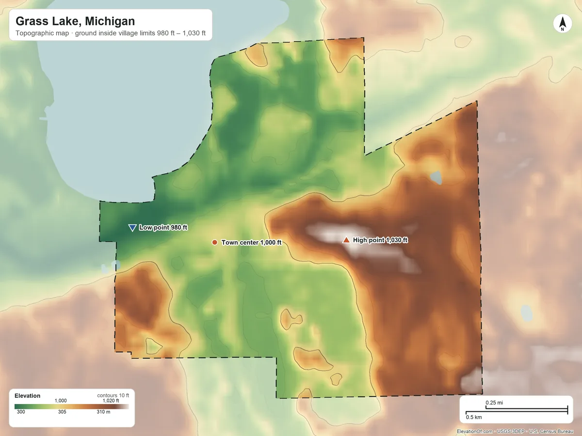 Topographic elevation map of Grass Lake, Michigan, shaded from 980 ft on the west side to 1,030 ft on the east side