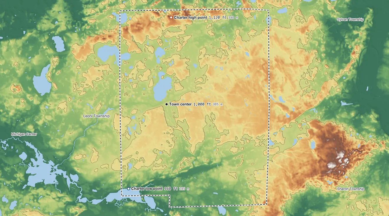 Topographic elevation map of Grass Lake Township, Michigan, shaded from 940 ft on the southwest side to 1,120 ft on Sackrider Hill