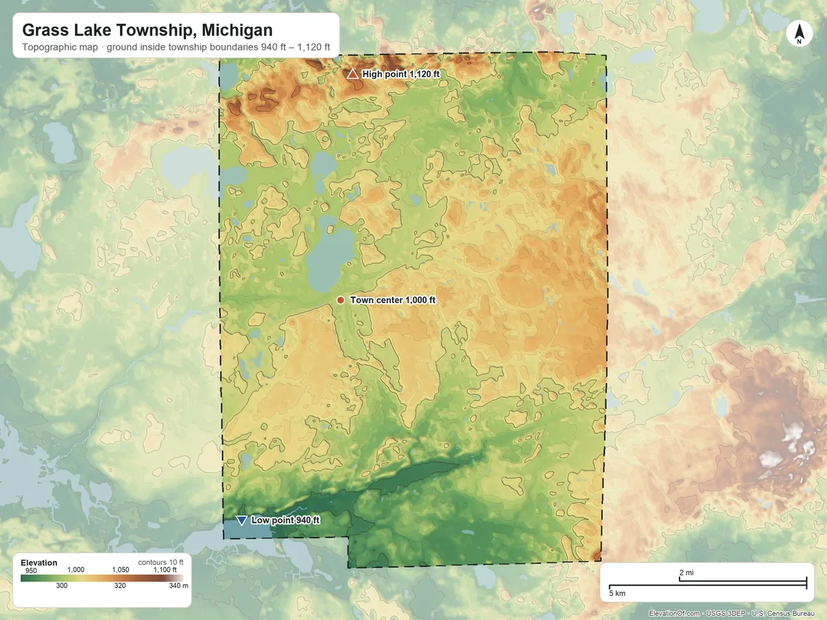 Topographic elevation map of Grass Lake Township, Michigan, shaded from 940 ft on the southwest side to 1,120 ft on Sackrider Hill