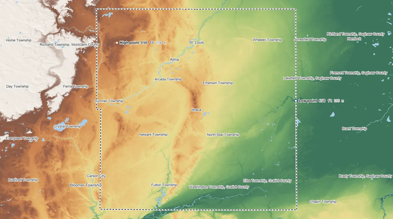 Topographic elevation map of Gratiot County, Michigan, shaded from 650 ft on the east side to 890 ft on the northwest side