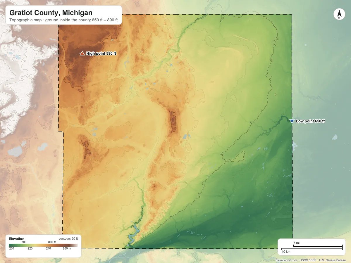 Topographic elevation map of Gratiot County, Michigan, shaded from 650 ft on the east side to 890 ft on the northwest side