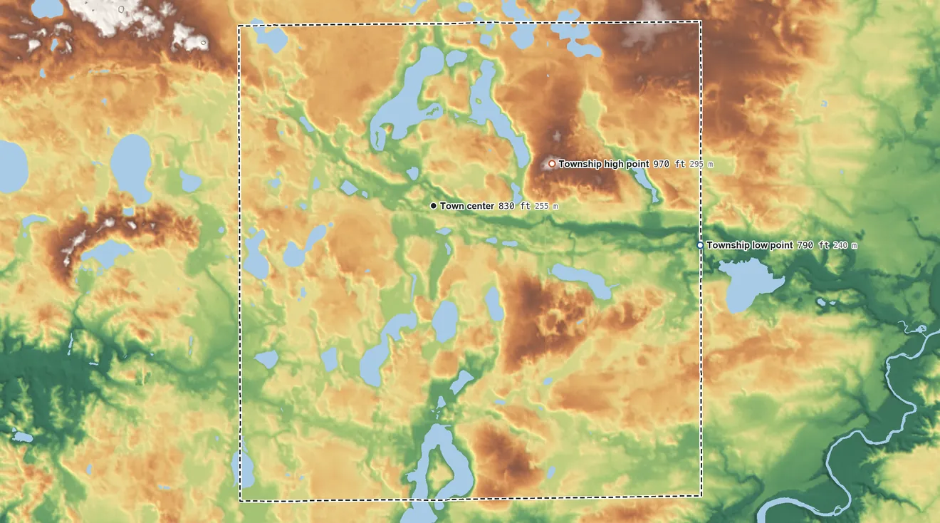 Topographic elevation map of Grattan Township, Michigan, shaded from 790 ft on the east side to 970 ft on the east side