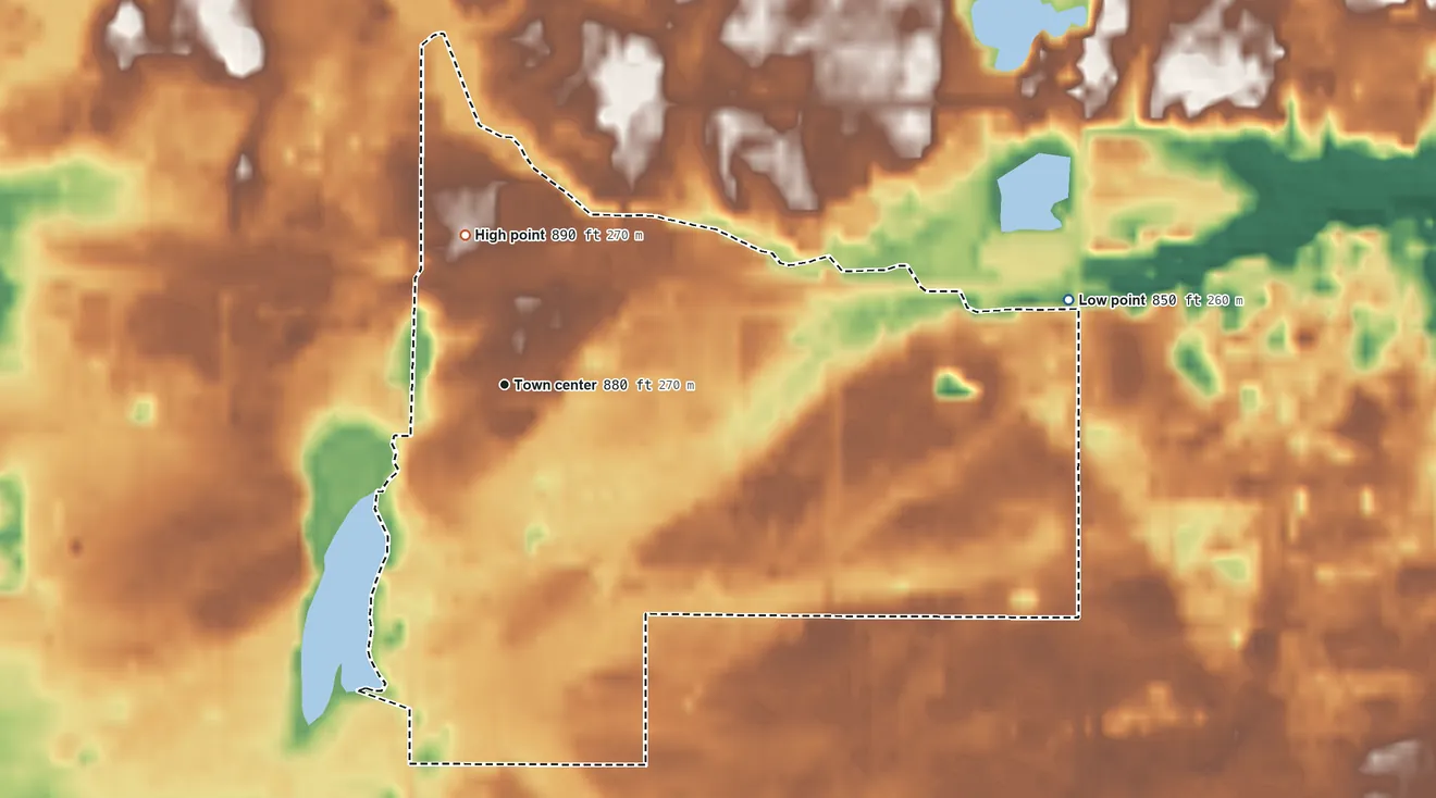 Topographic elevation map of Grawn, Michigan, shaded from 850 ft on the east side to 890 ft on the north side