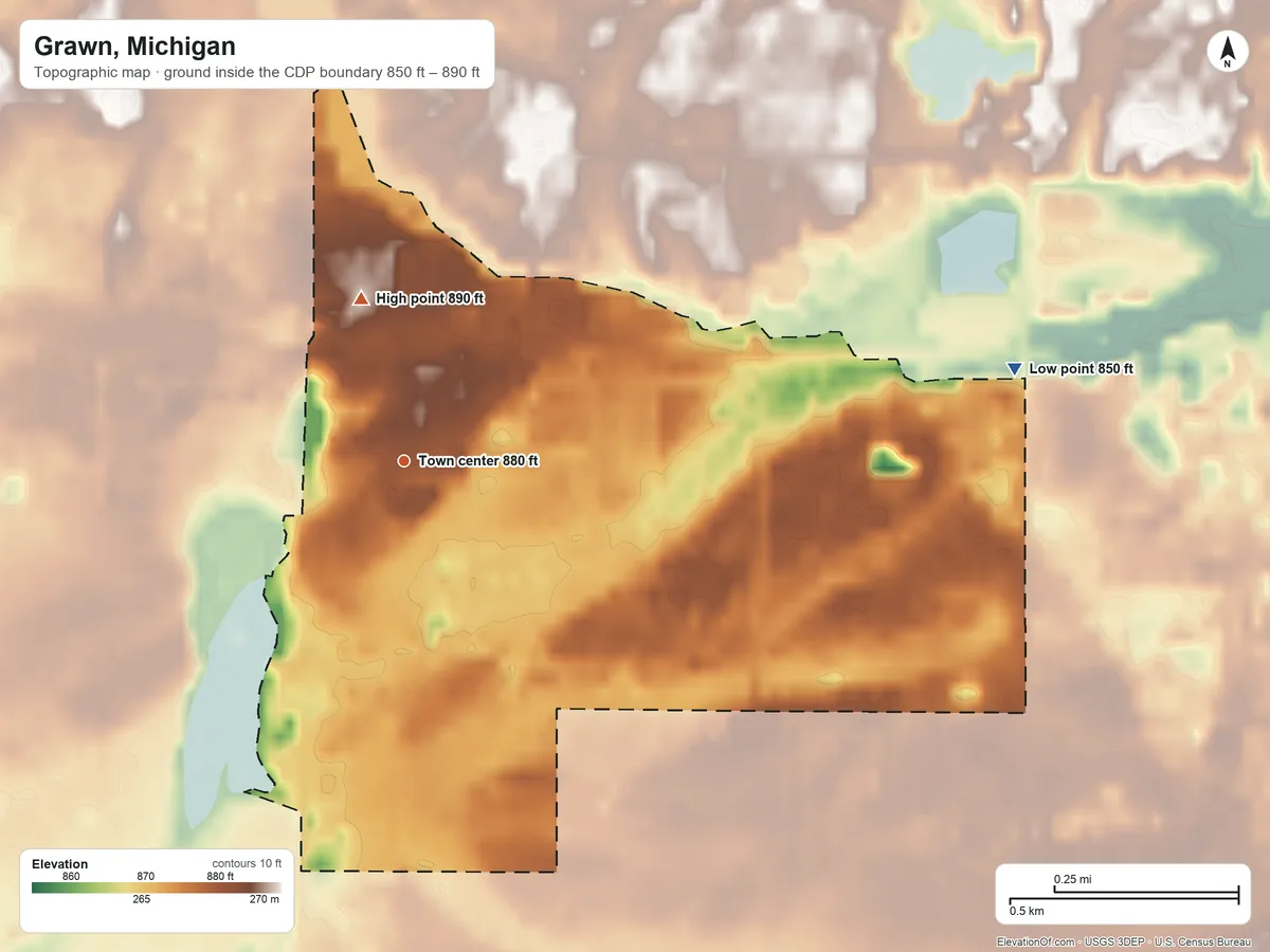 Topographic elevation map of Grawn, Michigan, shaded from 850 ft on the east side to 890 ft on the north side