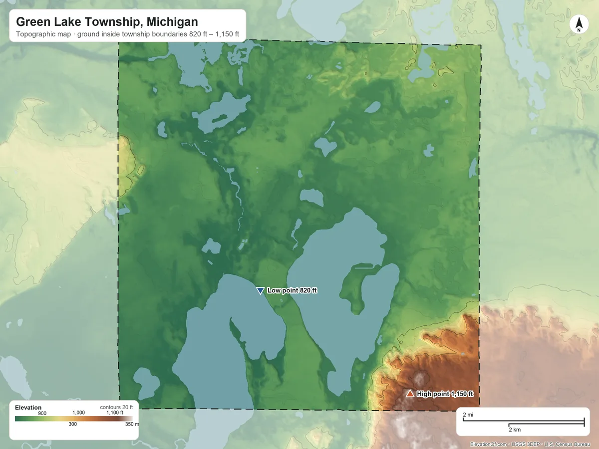 Topographic elevation map of Green Lake Township, Michigan, shaded from 820 ft on the south side to 1,150 ft on the southeast side
