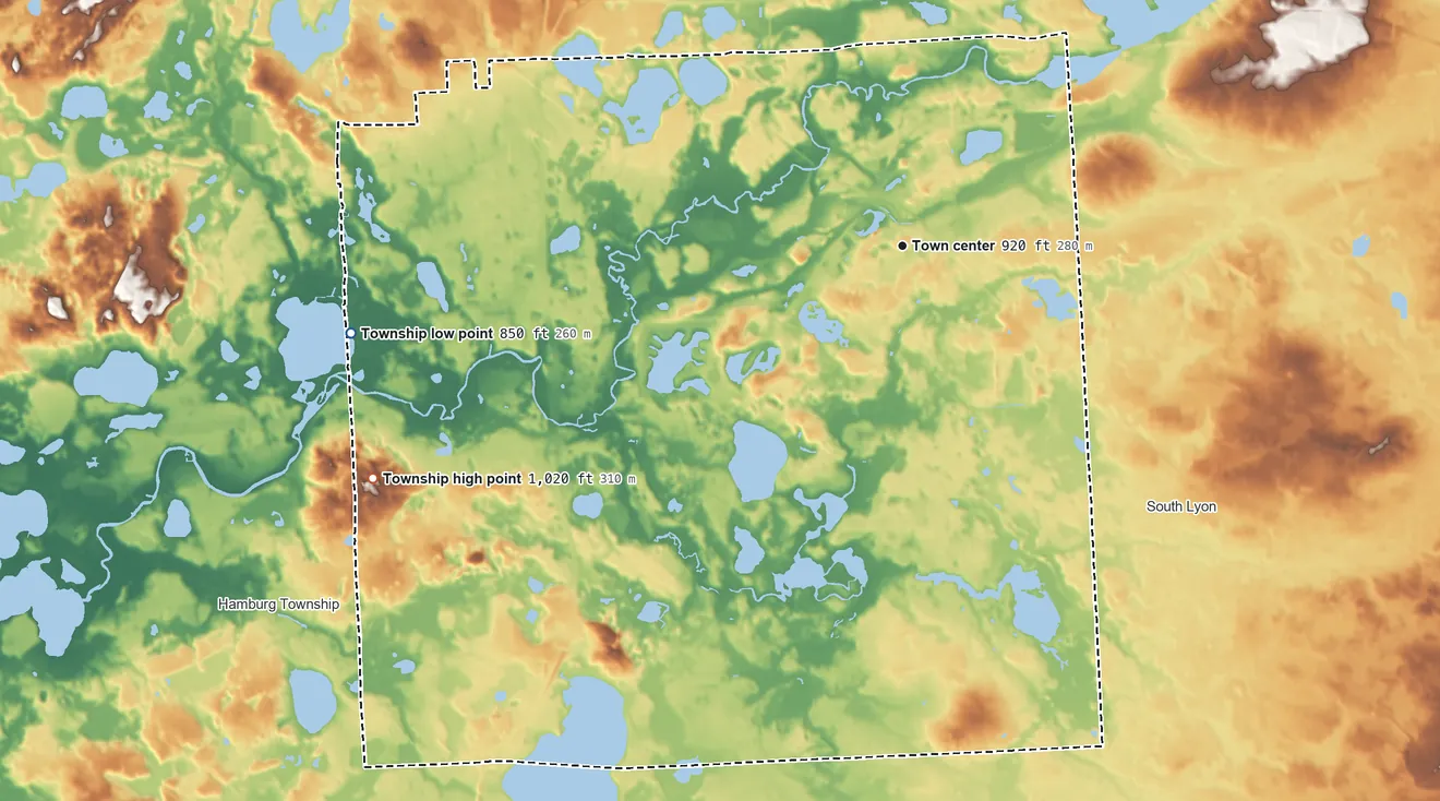 Topographic elevation map of Green Oak Township, Michigan, shaded from 850 ft on the west side to 1,020 ft on the southwest side