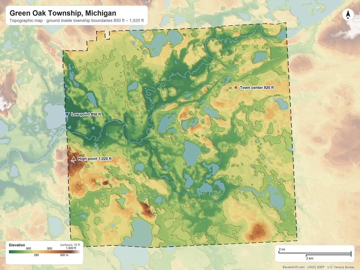 Topographic elevation map of Green Oak Township, Michigan, shaded from 850 ft on the west side to 1,020 ft on the southwest side