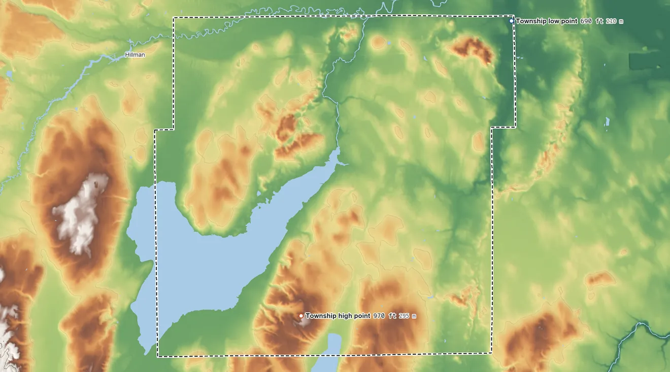 Topographic elevation map of Green Township, Alpena County, Michigan, shaded from 690 ft on the northeast side to 970 ft on the southwest side