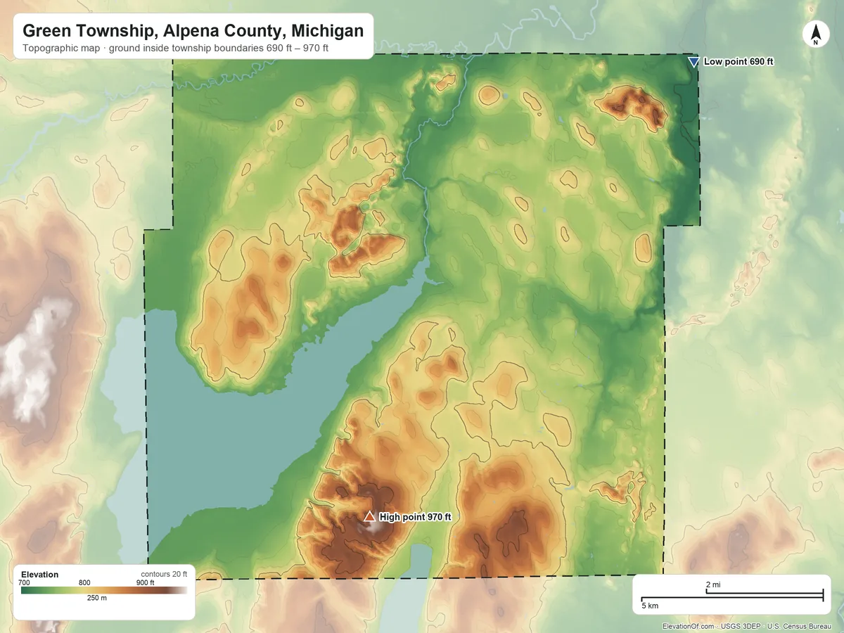 Topographic elevation map of Green Township, Alpena County, Michigan, shaded from 690 ft on the northeast side to 970 ft on the southwest side