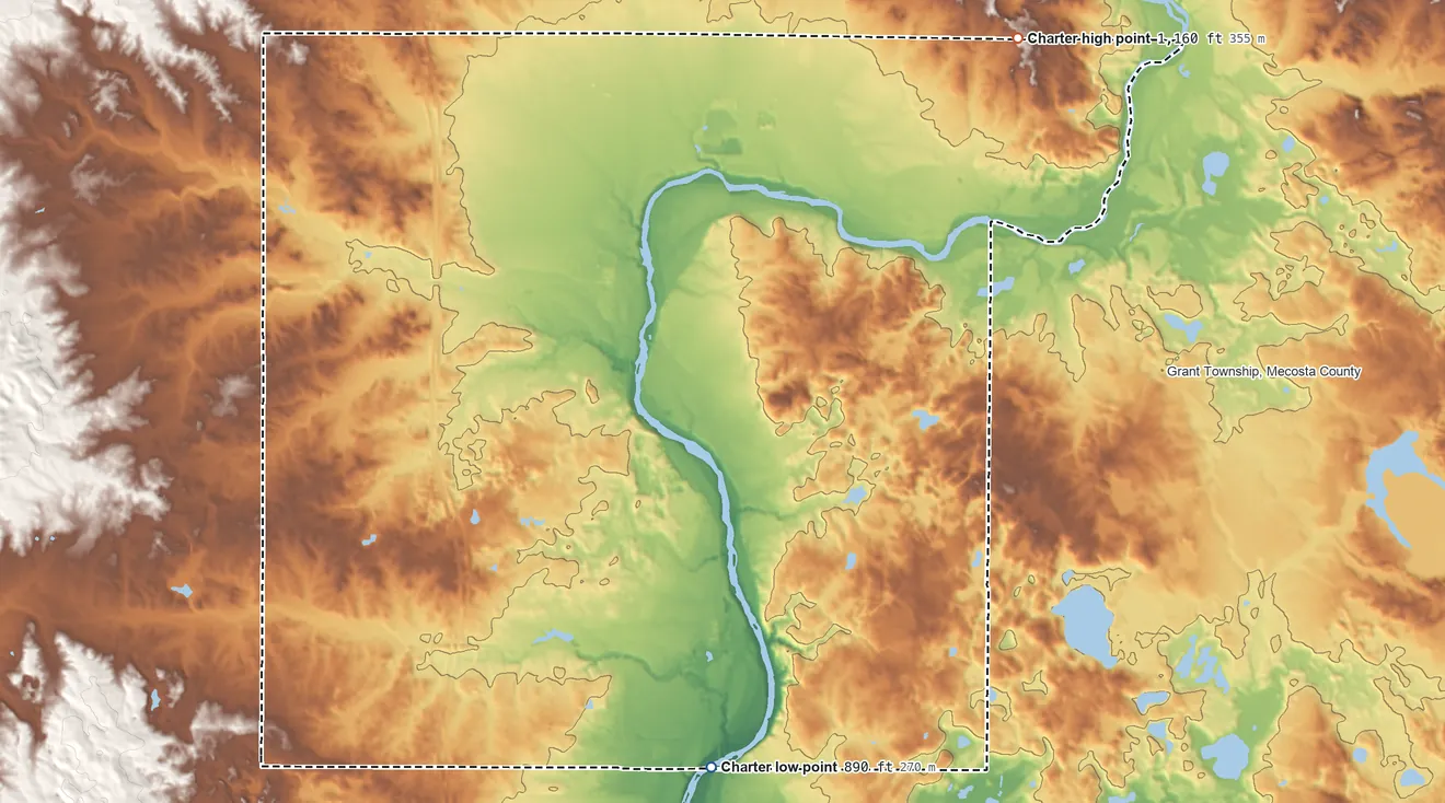 Topographic elevation map of Green Township, Michigan, shaded from 890 ft on the south side to 1,160 ft on the northeast side